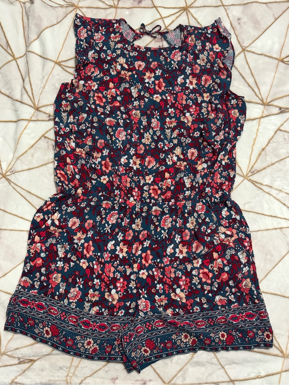 LOFT Navy Floral Sleeveless Crop Romper with Red and Pink Accents